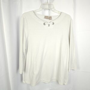 Chico's 2 Womens 12 White Hardware Detail Keyhole 3/4 Sleeve Tunic Top